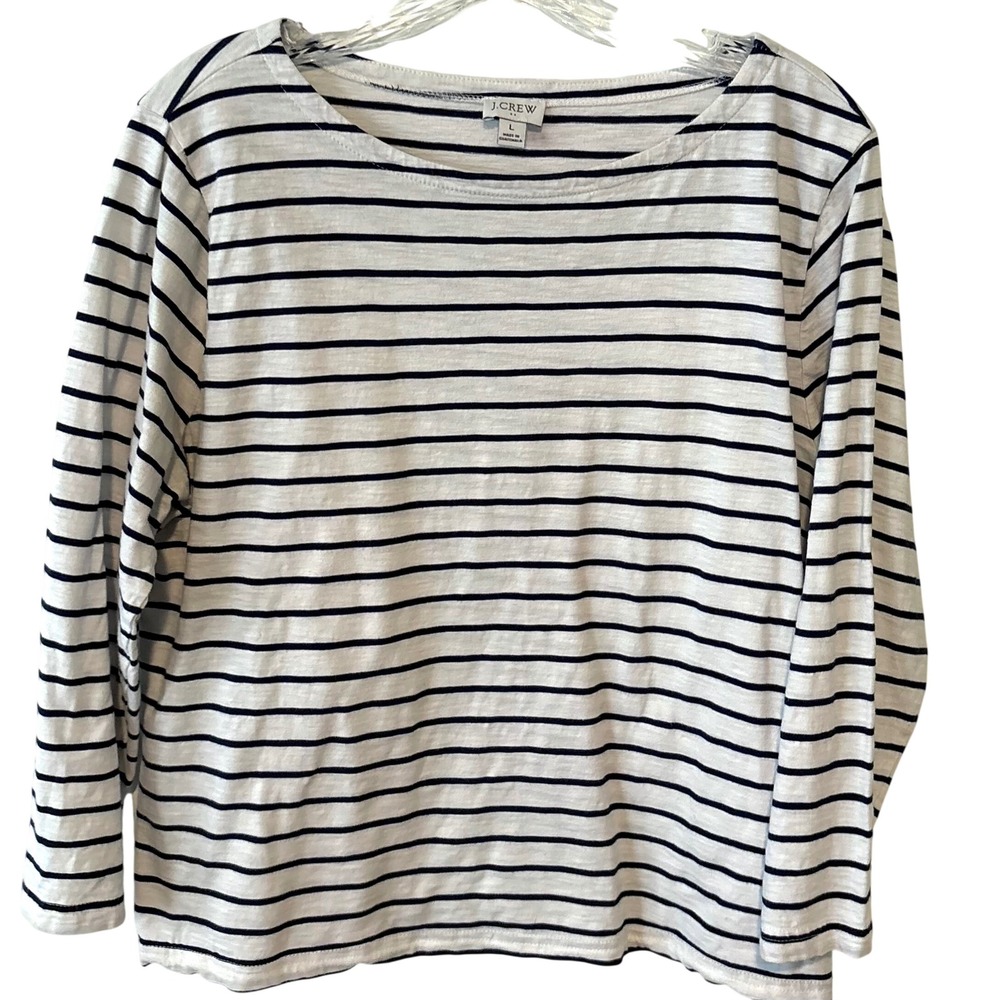 J. Crew Factory White and Navy Striped Nautical Boat Neck Tee in Size L